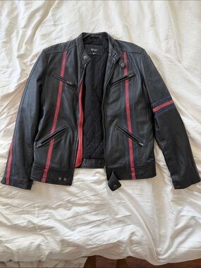 Men's Black Leather Bomber Jacket with Red Stripe Accents
